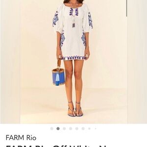 FARM Rio White and Blue Embroidered Mini Dress